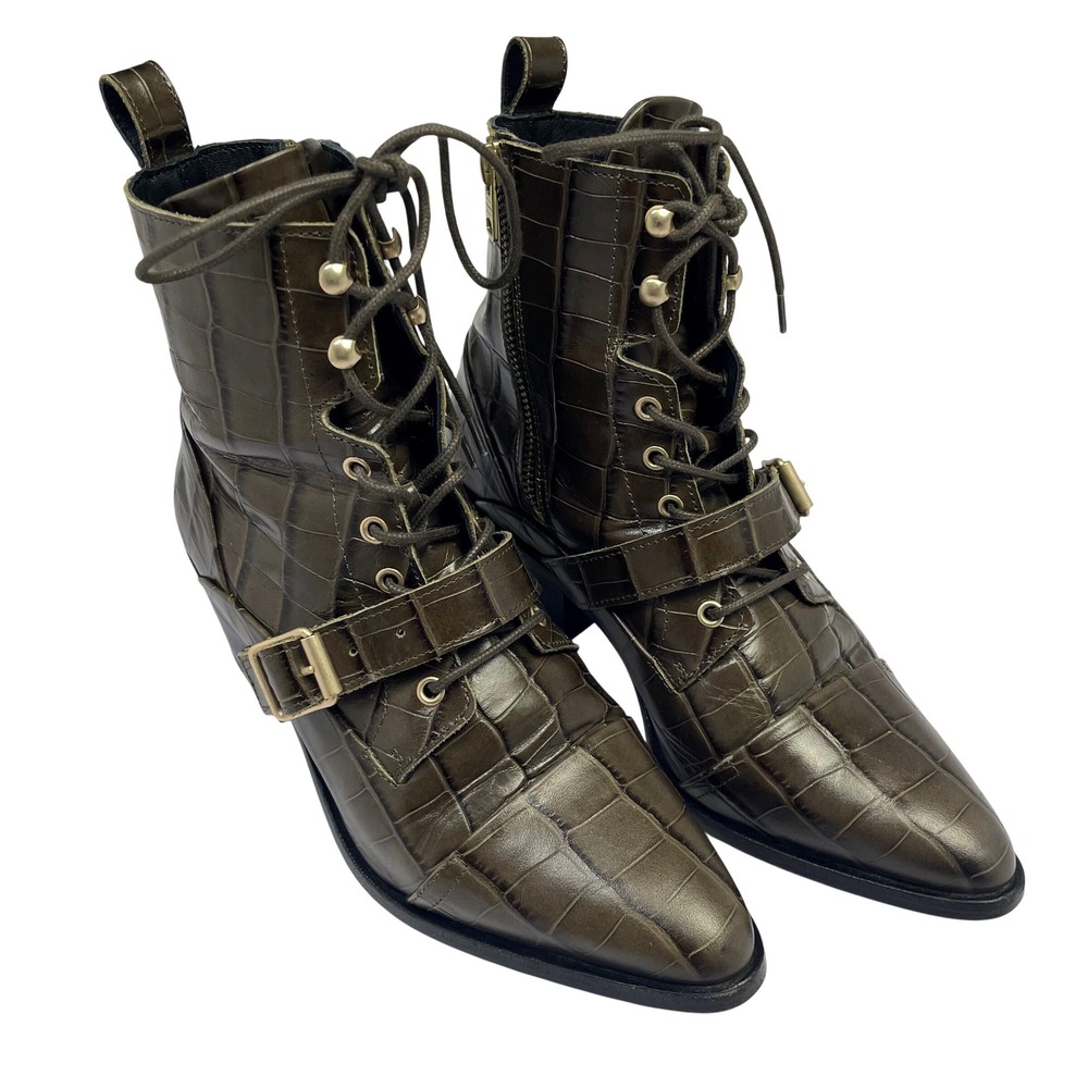 ALLSAINTS Katy Croc‎ Lace-up Heeled Short Boots Sz 8.5/9 Dark Khaki Leather $355